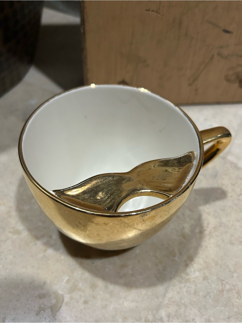 Vintage HOFFRITZ Made in England Gold/White Ceramic Mustache Keeper Mug Teacup